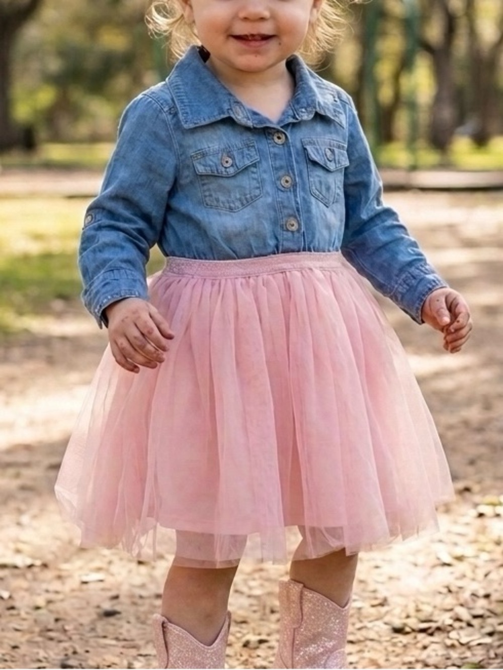 2T Zunie Denim Pink Tulle Shimmer Skirt Roll Tab Sleeve Dress Baby Girl